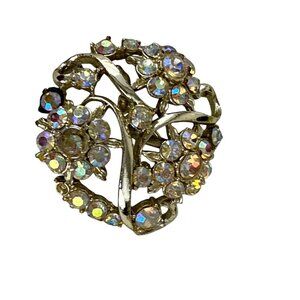 Vintage AB Rhinestone Floral Brooch Round Gold Tone 2" Sparkle Pin